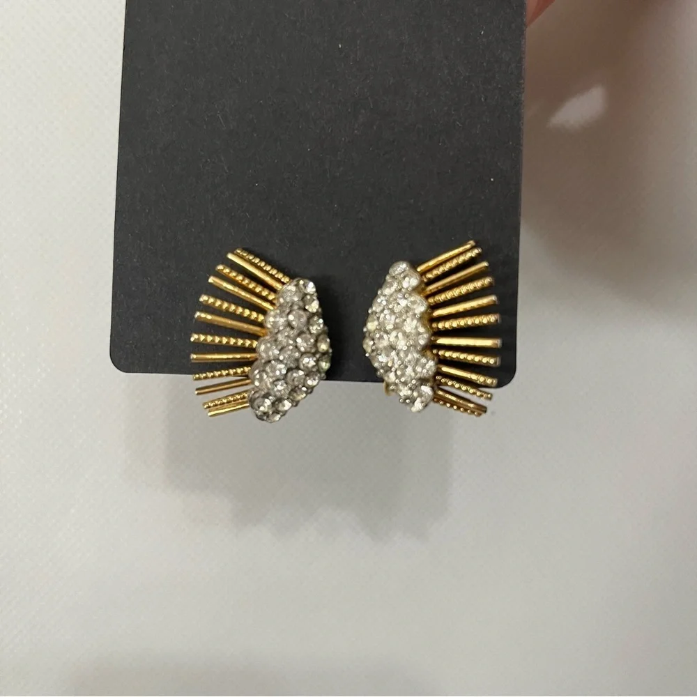 Vintage Rhinestone Gold Tone Sunburst Clip On Earrings